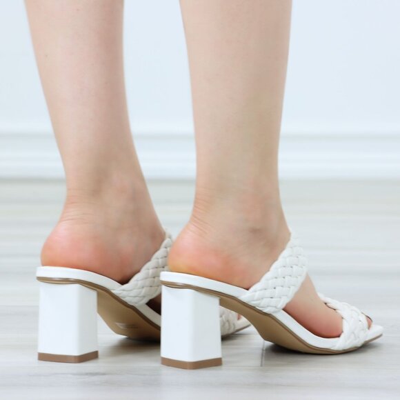 White Block Low Heeled Mule Open Squared Toe Slip On Sandals Braided Straps - Picture 7 of 14